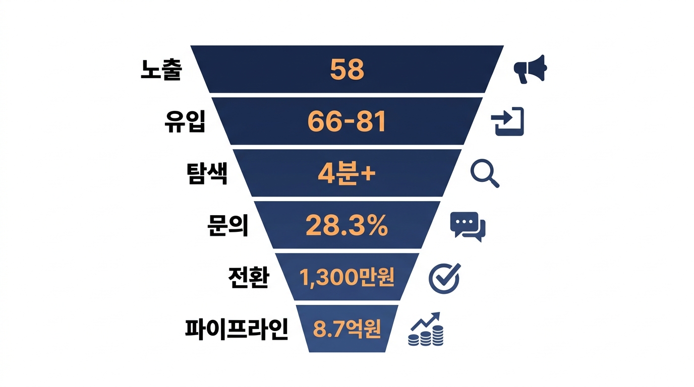 퍼널 데이터 — 노출→유입→탐색→문의→전환→파이프라인