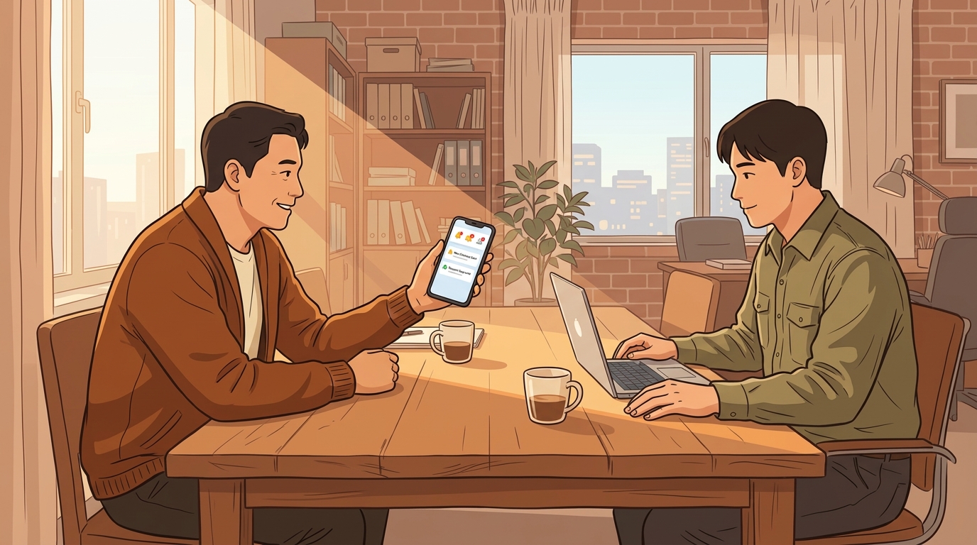 사무실에서 핸드폰 보여주는 사장님