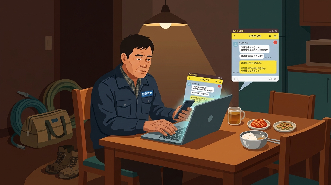 저녁 식탁에서 문의 확인하는 사장님 — 카카오톡, 밀려난 저녁
