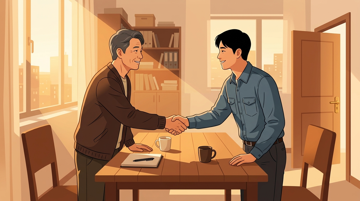 일어서는 두 사람, 악수, 오후 햇살