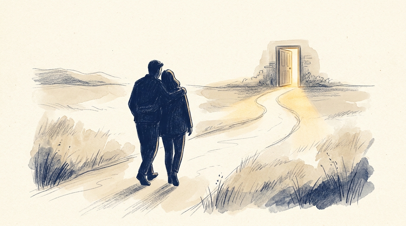함께 걸어가는 두 사람, 열린 문을 향해