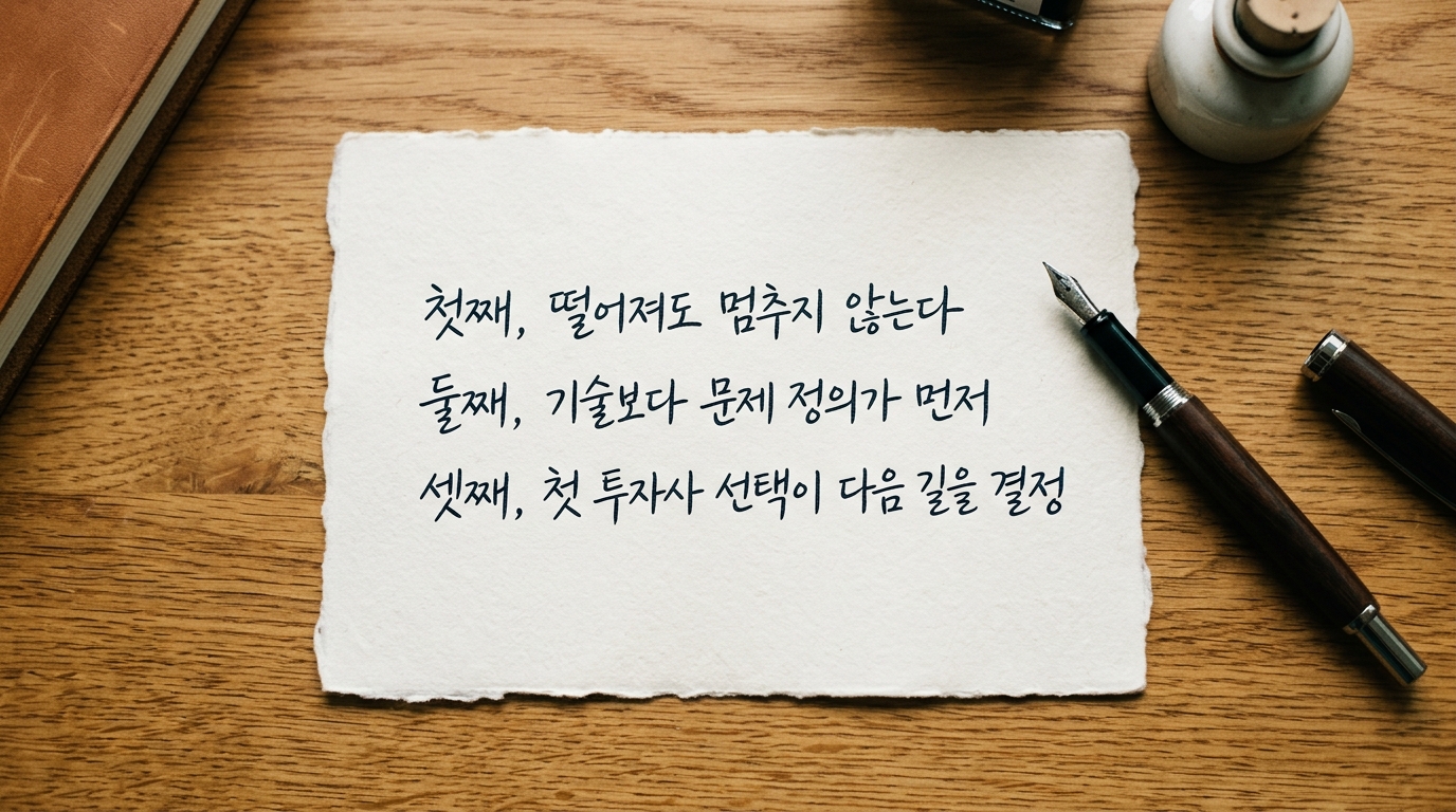 종이 위 손글씨 — 떨어져도 멈추지 않는다, 기술보다 문제 정의가 먼저, 첫 투자사 선택이 다음 길을 결정