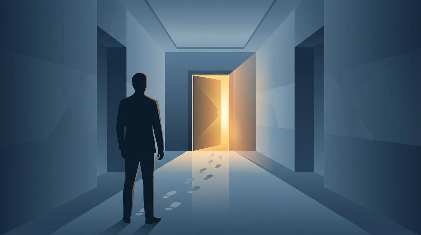 열린 문 앞에 선 사람, 발자국, 빛