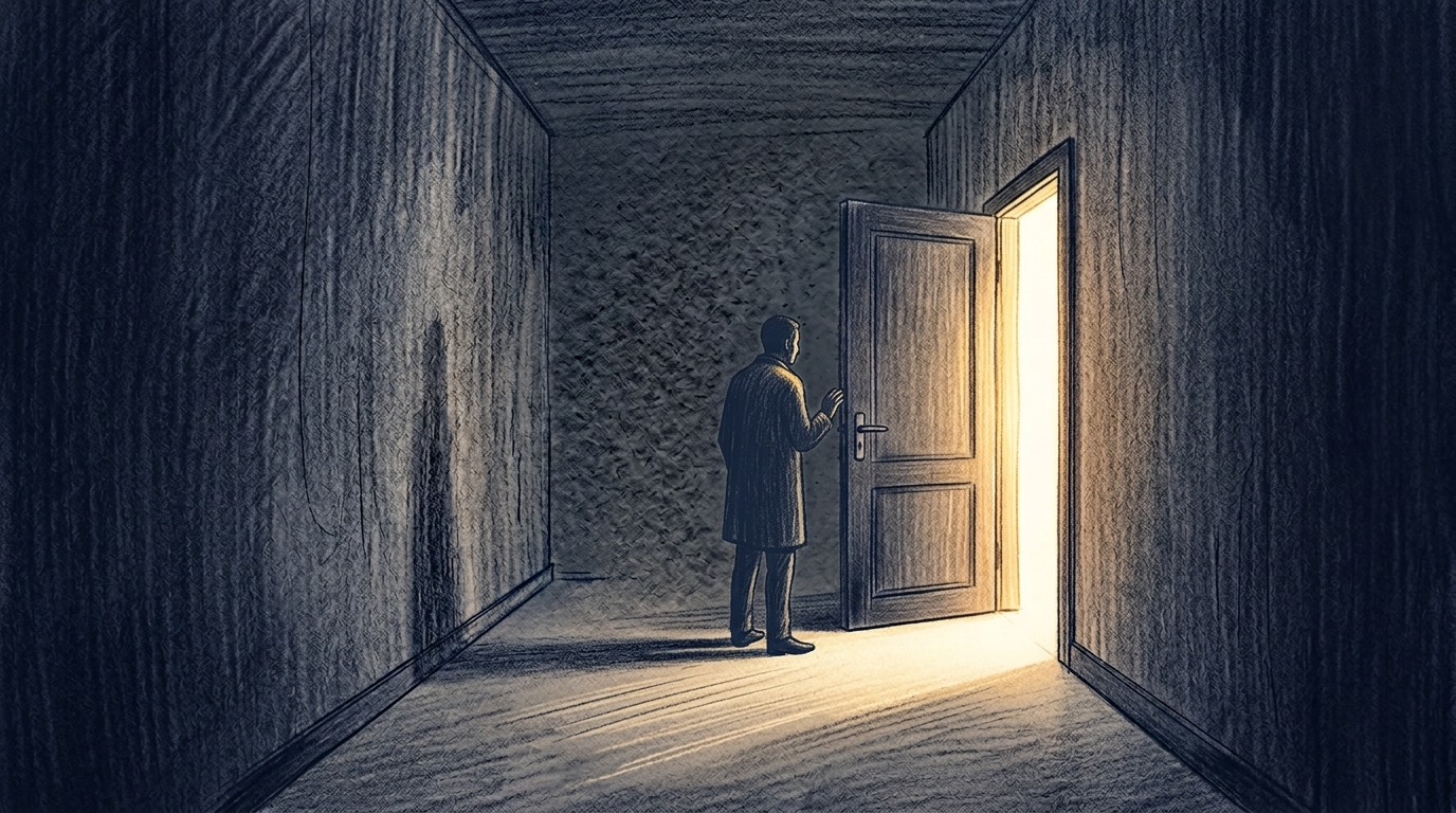 열린 문 앞에 선 창업자