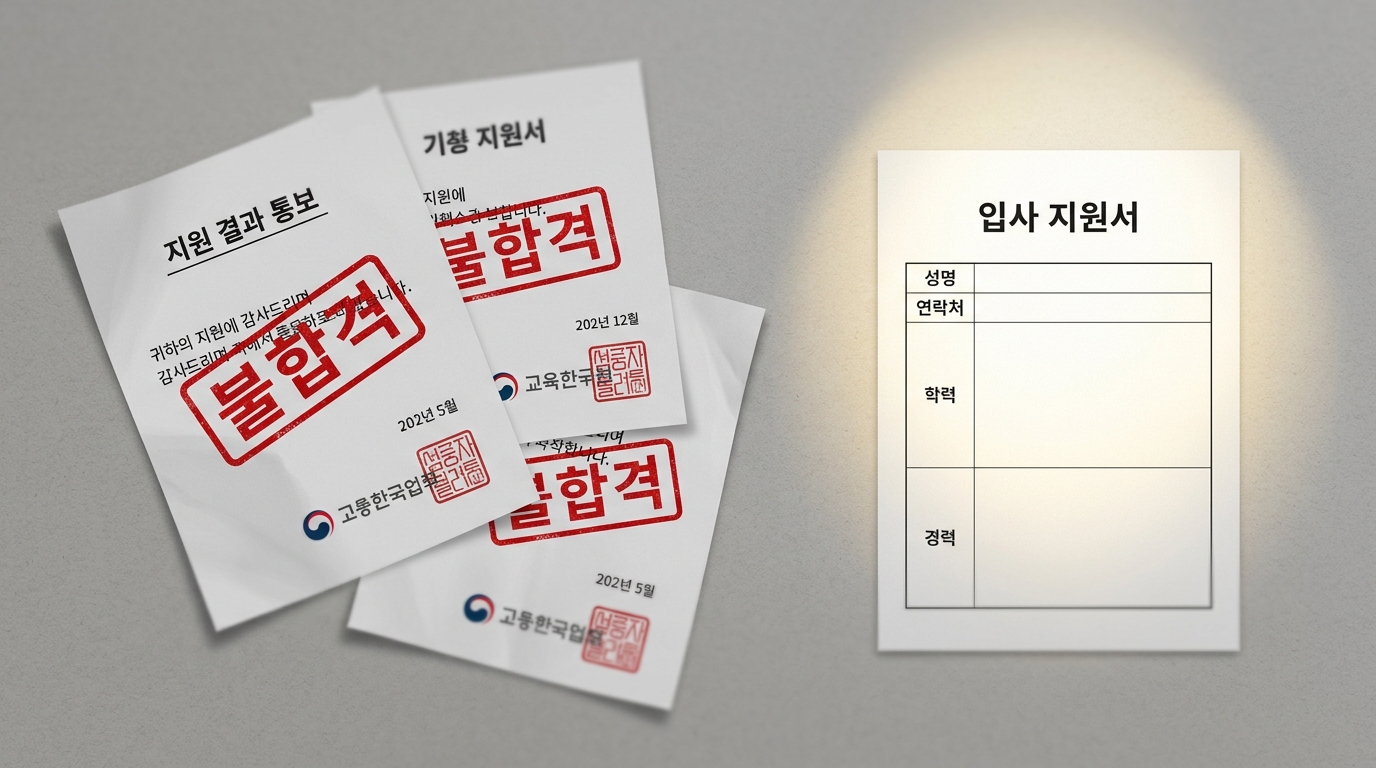 지원 결과 불합격 3장과 네 번째 빈 지원서