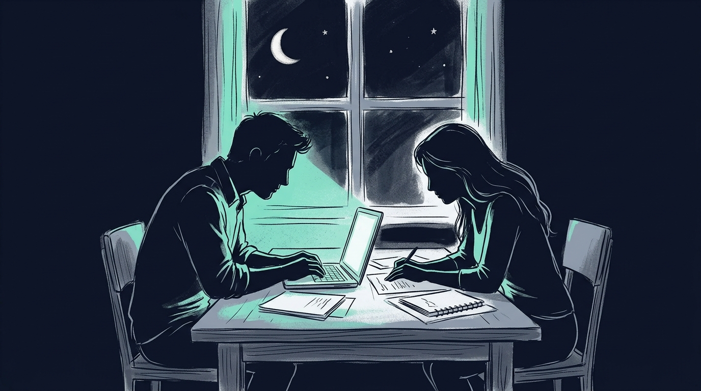 밤에 둘이 나란히 앉아 사업계획서를 작업하는 장면