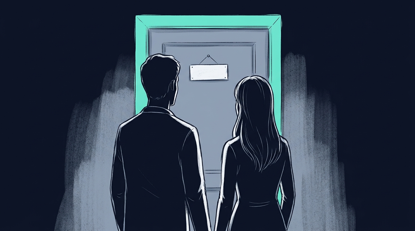 발표장 문 앞에 나란히 선 두 사람의 뒷모습