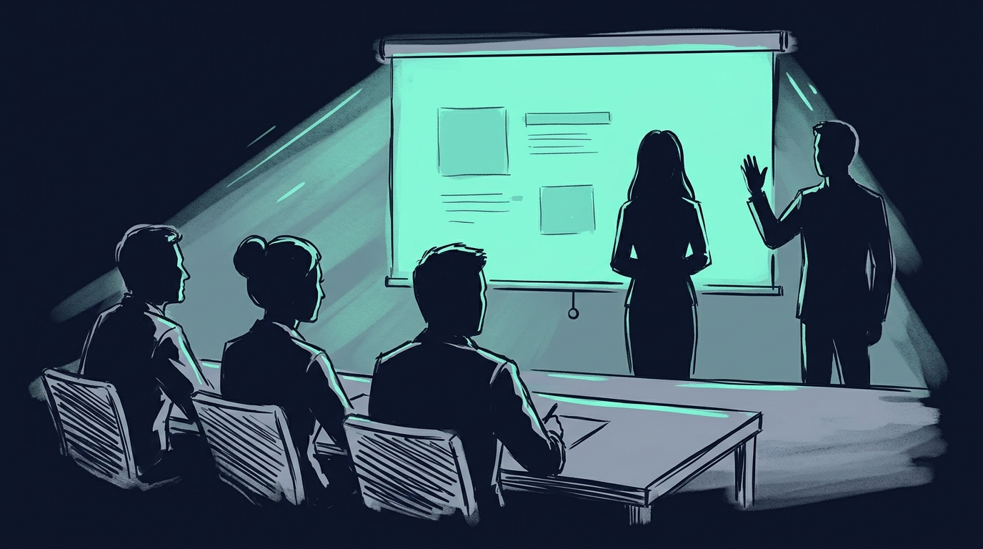 심사위원 앞에서 파트너가 발언하는 장면