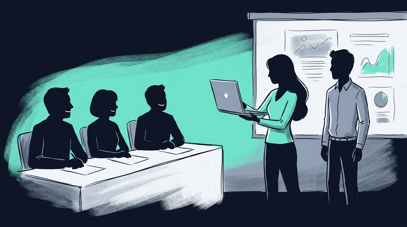 대표가 노트북을 들어올리며 보여드릴까요 하는 장면