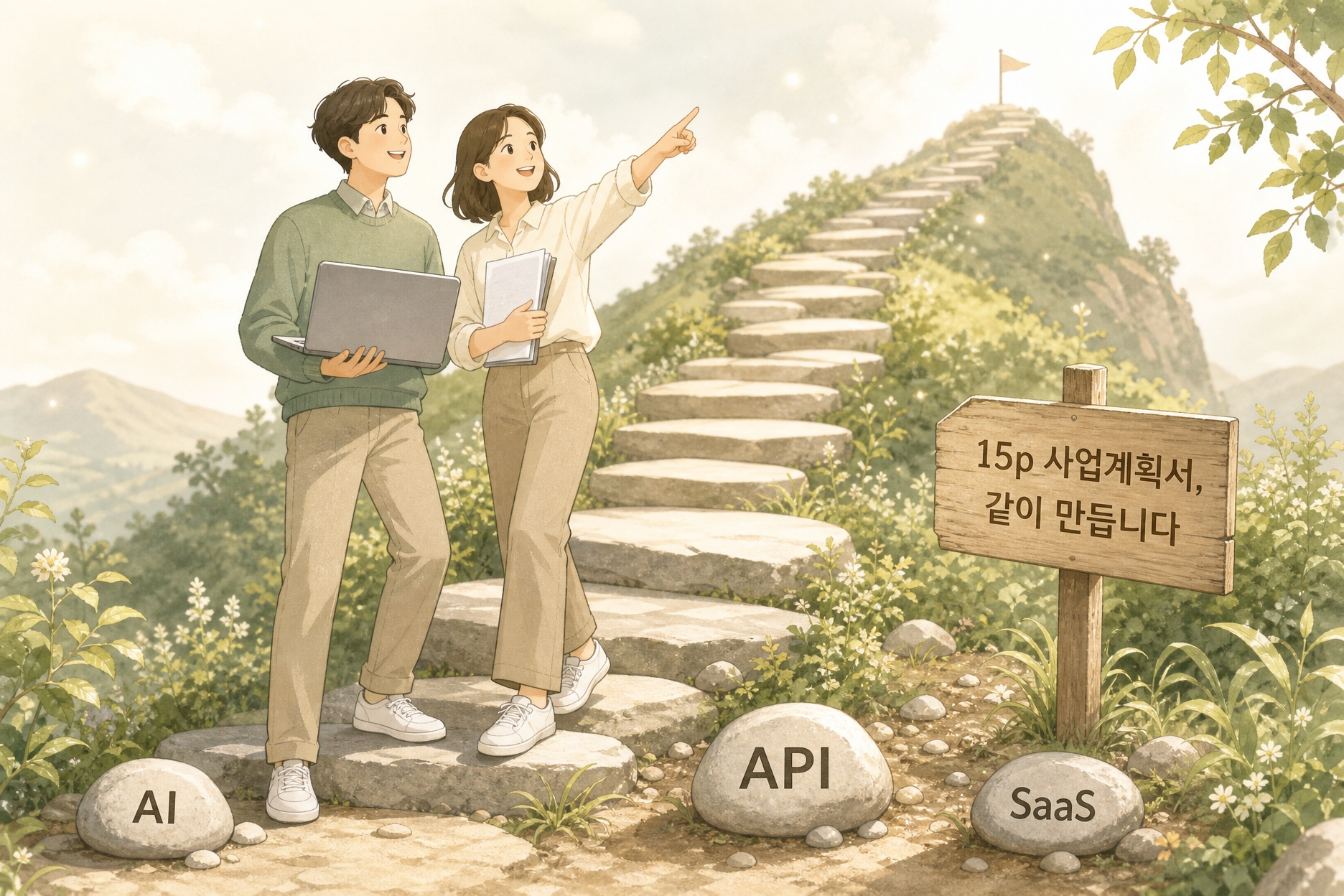 15페이지 사업계획서를 옆에서 같이 만드는 두 사람 — AI·API·SaaS 키워드 위에서 다음 칸을 가리킨다