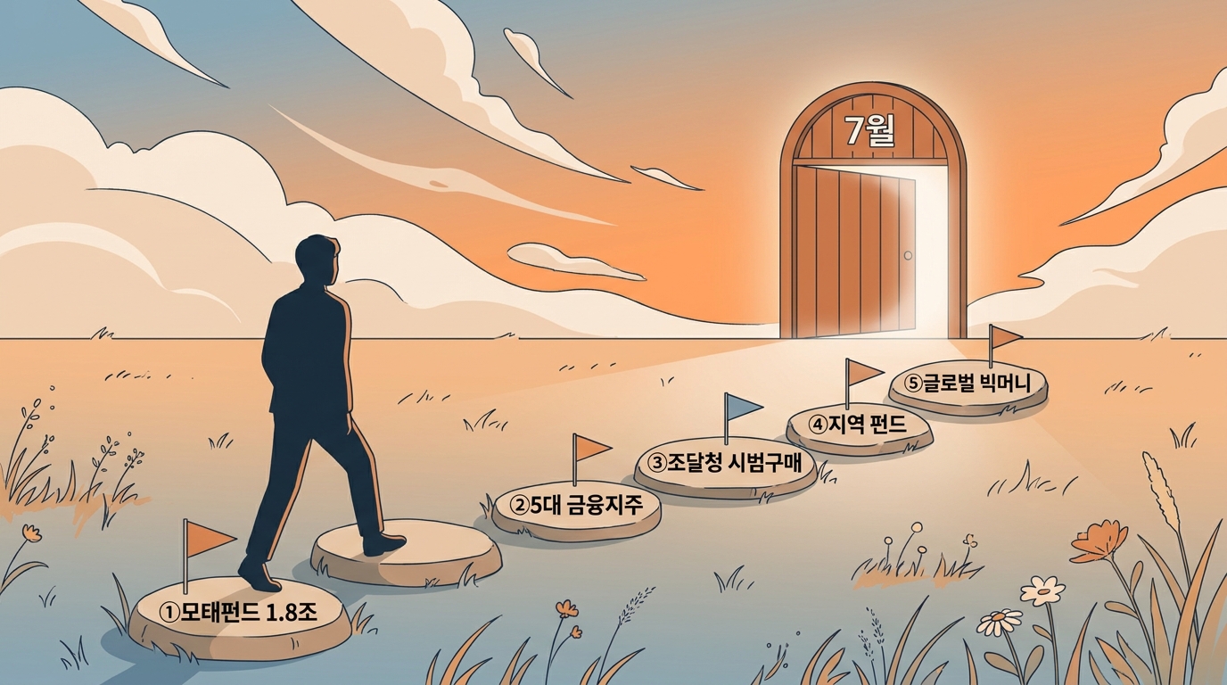 5월 자금 디딤돌 5개 — 모태펀드 1.8조, 5대 금융지주, 조달청 시범구매, 지역 펀드, 글로벌 빅머니