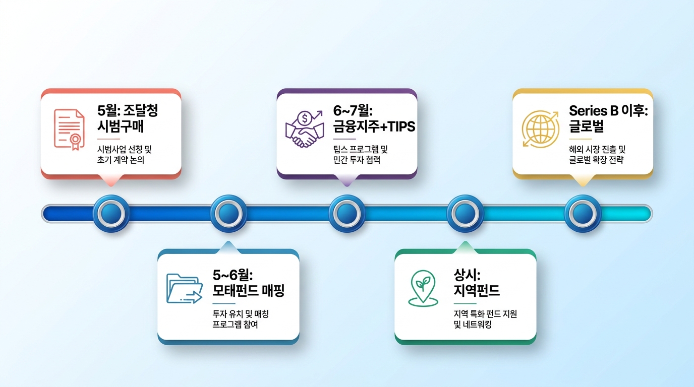 5개 자금 풀 시간차 — 5월 조달청, 5~6월 모태펀드 매핑, 6~7월 5대 금융지주, 상시 지역 펀드, 시리즈B 이후 글로벌