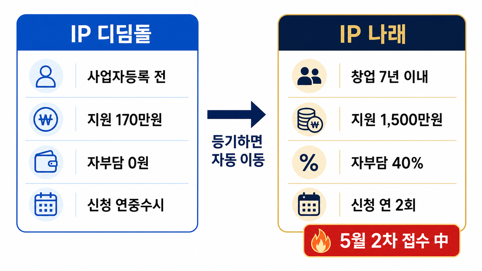 IP 디딤돌과 IP 나래 비교 카드 — 대상·지원금·자부담·신청 시기 차이를 한눈에