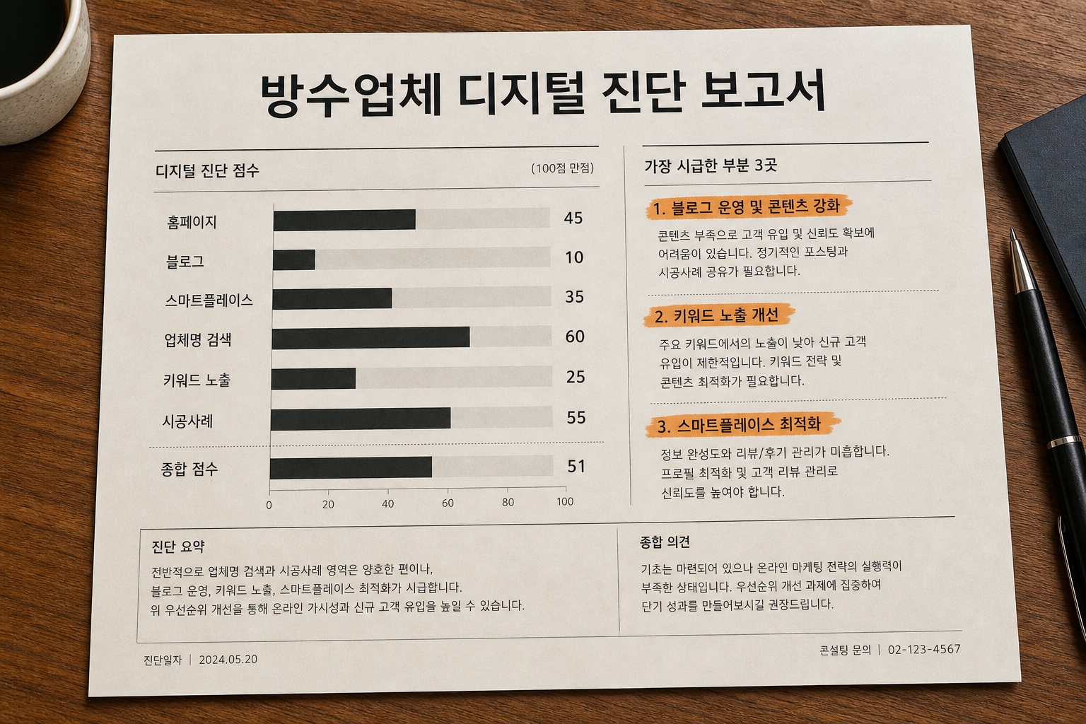 한 장 진단 보고서 — 현재 상태와 먼저 할 일.
