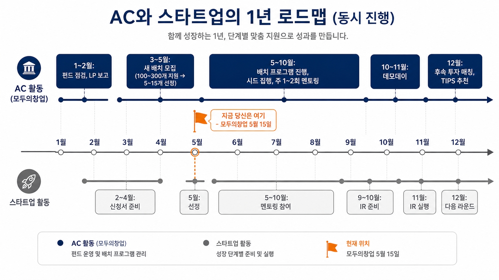 AC와 스타트업의 1년 로드맵 — AC 활동과 스타트업 활동을 월별로 동시 표시. 모두의 창업 5월 15일이 입구