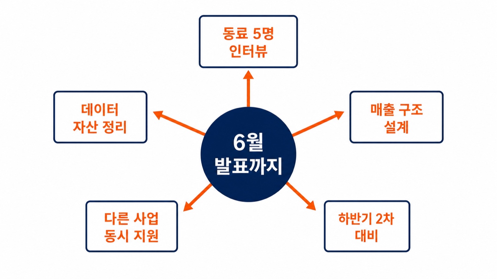 6월 발표까지 동료 5명 인터뷰, 데이터 자산 정리, 매출 구조 설계, 다른 사업 동시 지원, 하반기 2차 대비 다섯 가지 준비