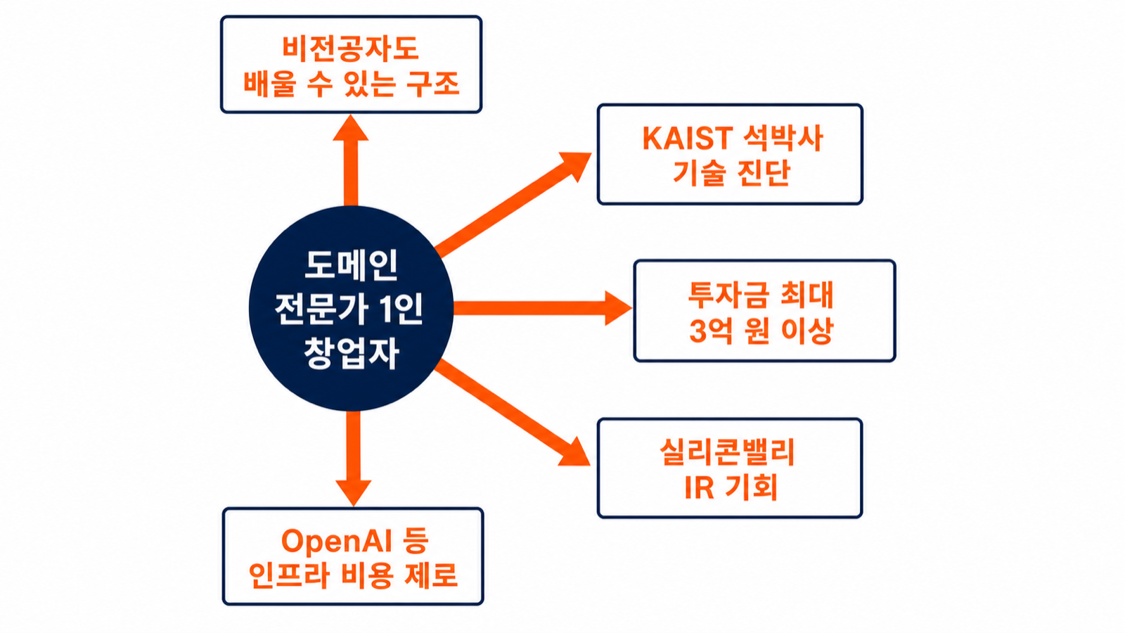 도메인 전문가 1인 창업자가 얻을 수 있는 5가지, 비전공자도 배울 수 있는 구조, KAIST 석박사 기술 진단, 투자금 최대 3억, 실리콘밸리 IR 기회, OpenAI 등 인프라 비용 제로