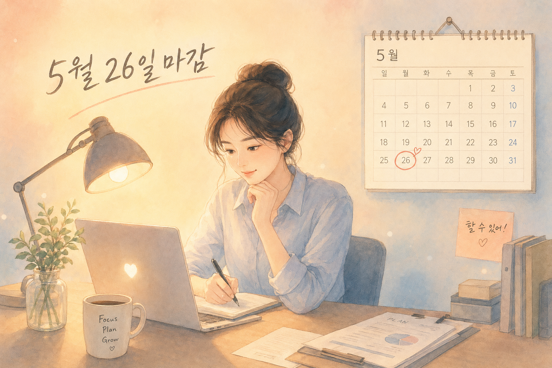 5월 26일 마감, 사업화 자금 1억 5천만 원 — 책상 위 달력과 노트북
