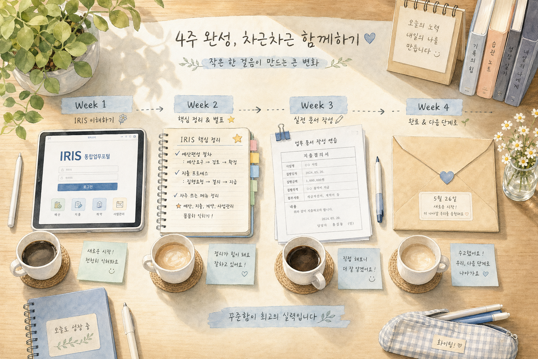 4주 일정 — 1주차 IRIS 가입, 2주차 로드맵, 3주차 신청서, 4주차 제출