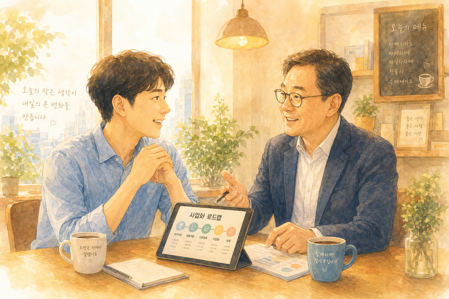 사업화 전문가 주치의가 창업자와 함께 메뉴판을 짜는 장면