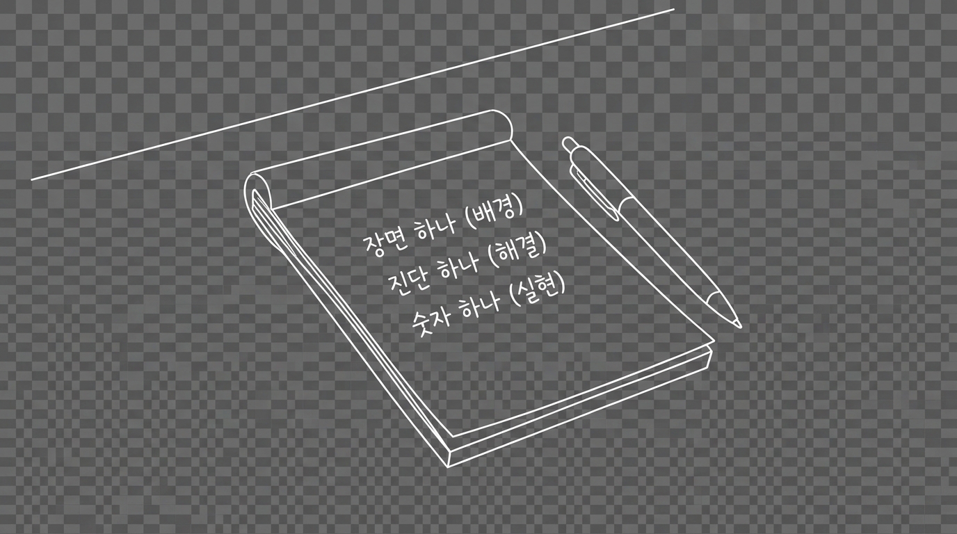 메모장 위에 세 줄 — 장면 하나, 진단 하나, 숫자 하나