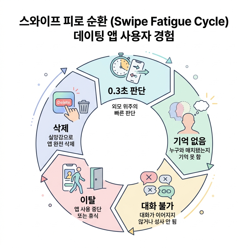 스와이프 피로 순환 — 0.3초 판단에서 삭제까지