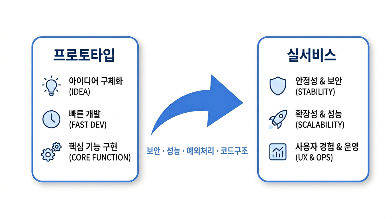 프로토타입과 실서비스의 차이 — 보안, 성능, 예외 처리, 코드 구조 네 가지 점검 영역 비교