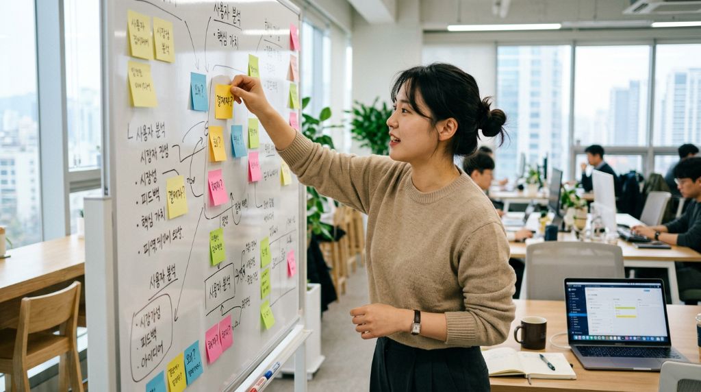 화이트보드 앞에서 포스트잇을 붙이며 기획하는 한국인 여성