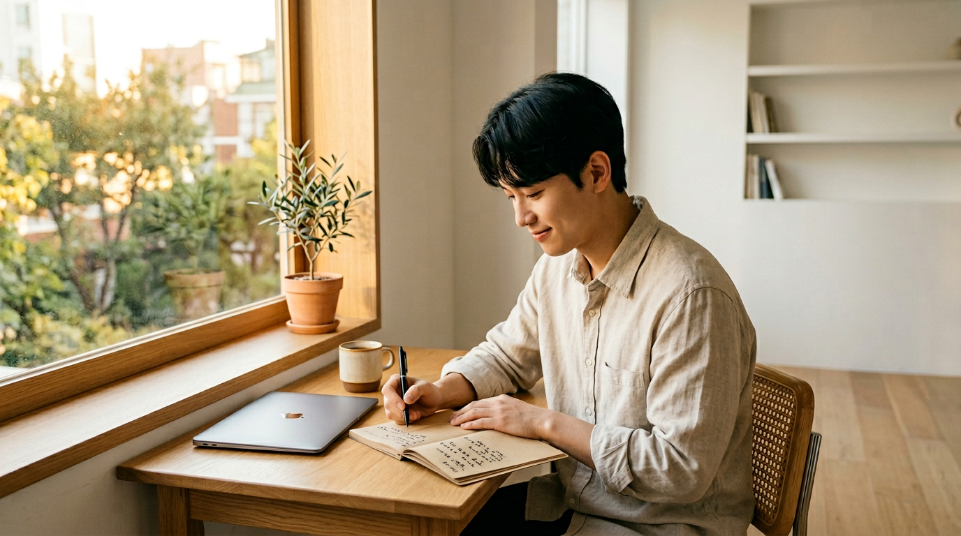 밝은 창가에서 노트에 무언가를 적고 있는 모습