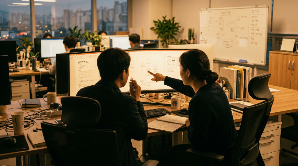 두 사람이 나란히 앉아 모니터를 보며 기획 문서를 함께 검토하고 있는 장면. 화이트보드에 기획 구조가 정리되어 있다.