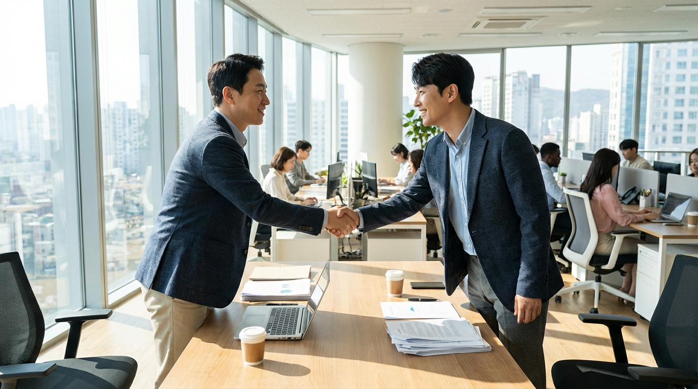 밝은 오피스에서 악수하는 두 한국인 전문가