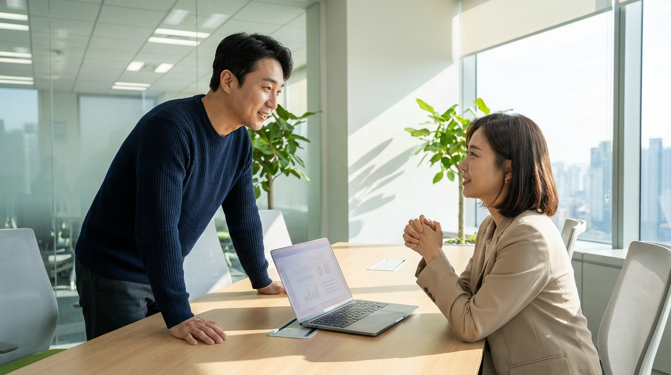 밝은 사무실에서 안도하며 상담받는 한국인 남녀