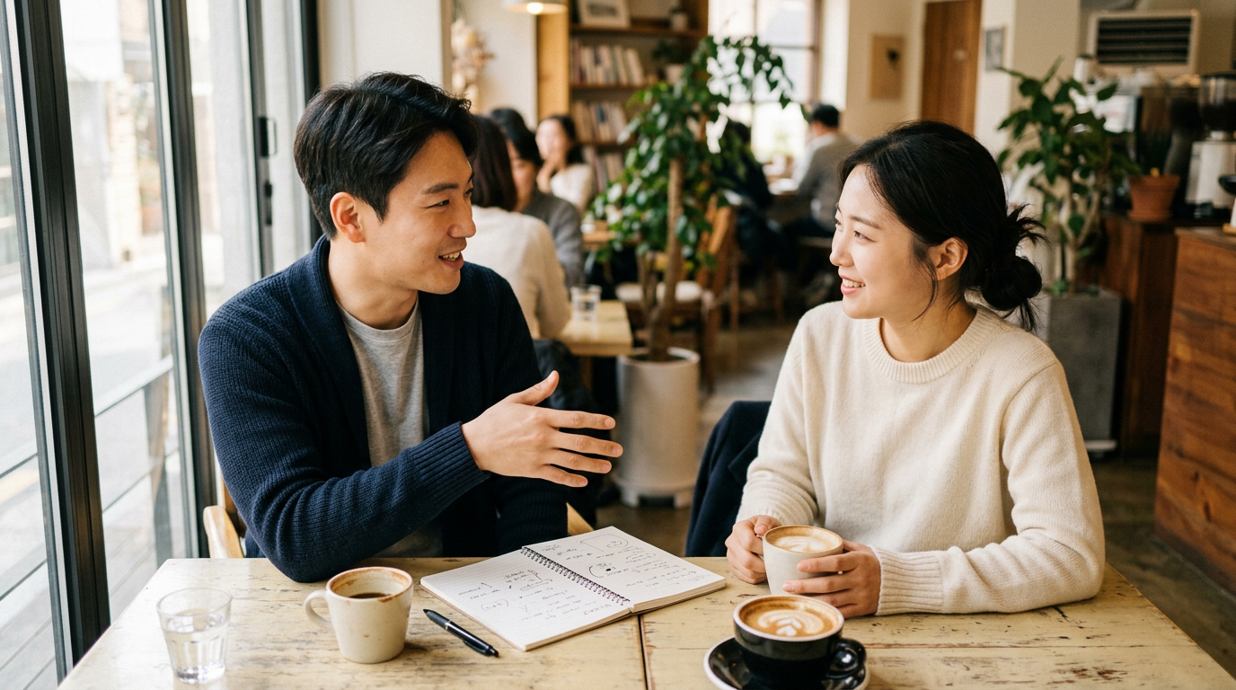 카페에서 앱 기획 아이디어를 함께 정리하는 대화 장면