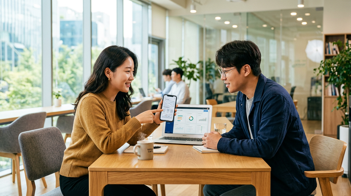 앱 출시 후 성장 전략에 대해 파트너와 대화하는 장면