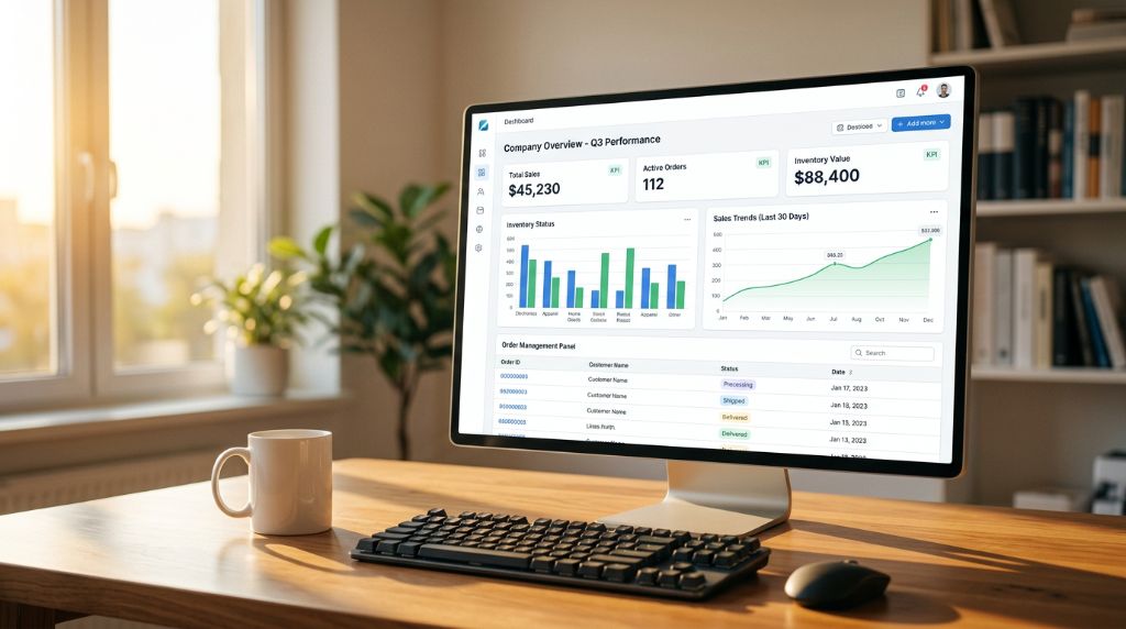 깔끔한 웹 대시보드가 보이는 밝은 사무실