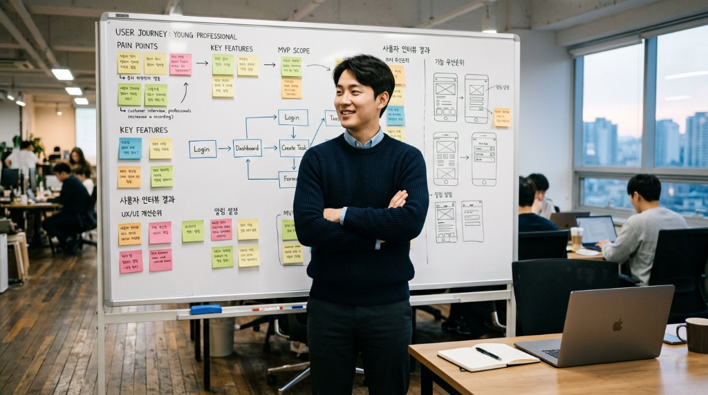 화이트보드 앞에서 사용자 시나리오를 정리하는 한국인 창업자