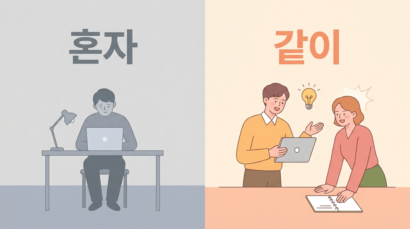 혼자 고민하는 모습과 함께 정리하는 모습 비교