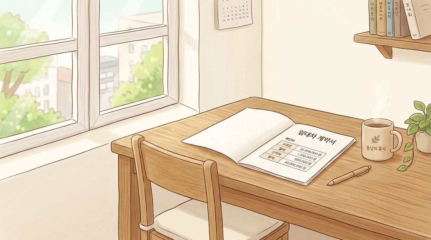 조용한 책상 위에 펼쳐진 협약서와 머그컵