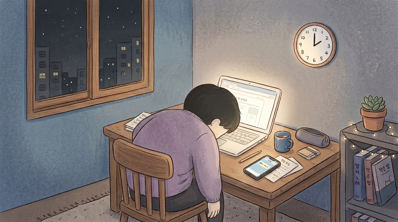 새벽 두 시 노트북 앞에 어깨를 늘어뜨린 채 앉은 사람