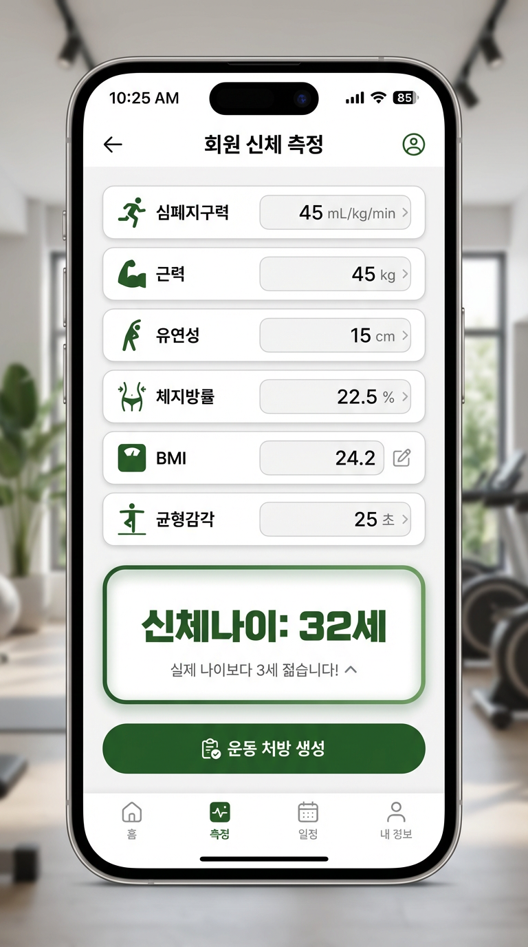트레이너 앱 화면: 회원 신체 측정 및 신체나이 결과