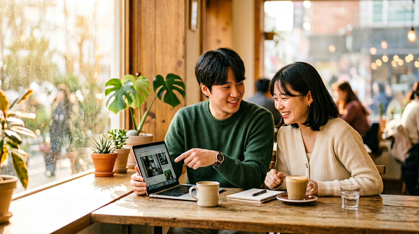 따뜻한 햇살이 드는 카페에서 함께 대화하는 모습
