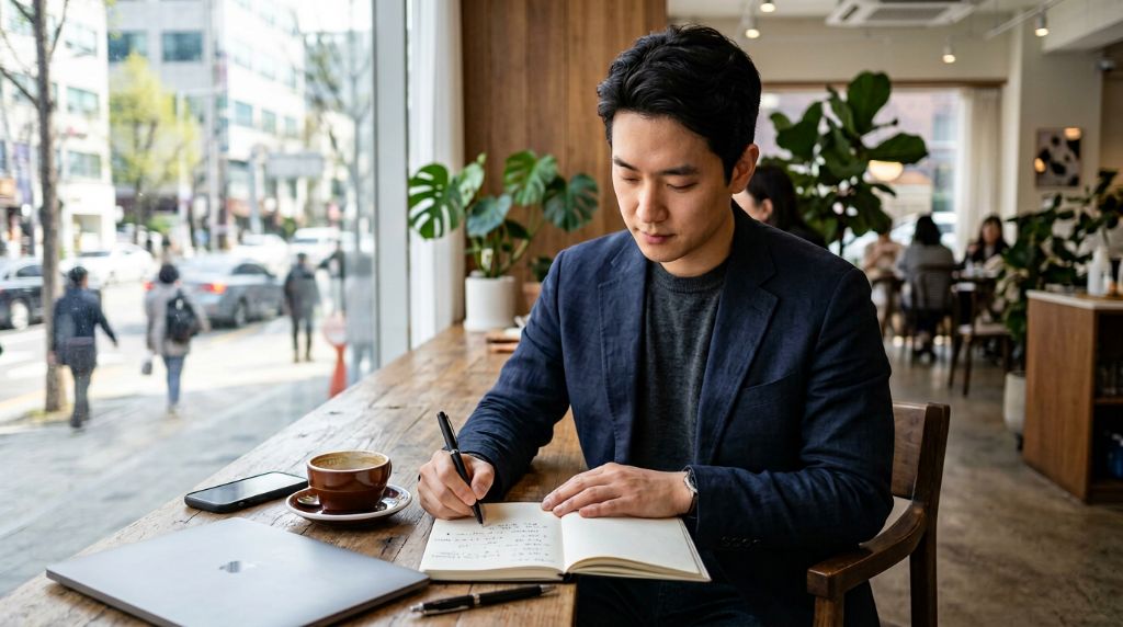 카페 창가에서 노트에 세 가지 질문을 적고 있는 모습