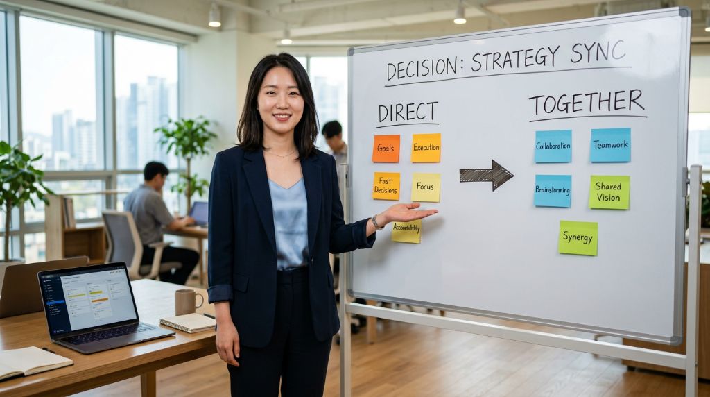 화이트보드 앞에 서 있는 한국인 여성. 보드에는 '직접'과 '함께' 두 영역으로 나뉜 포스트잇이 붙어 있고 가운데 화살표로 연결되어 있다. 차분한 확신의 표정.