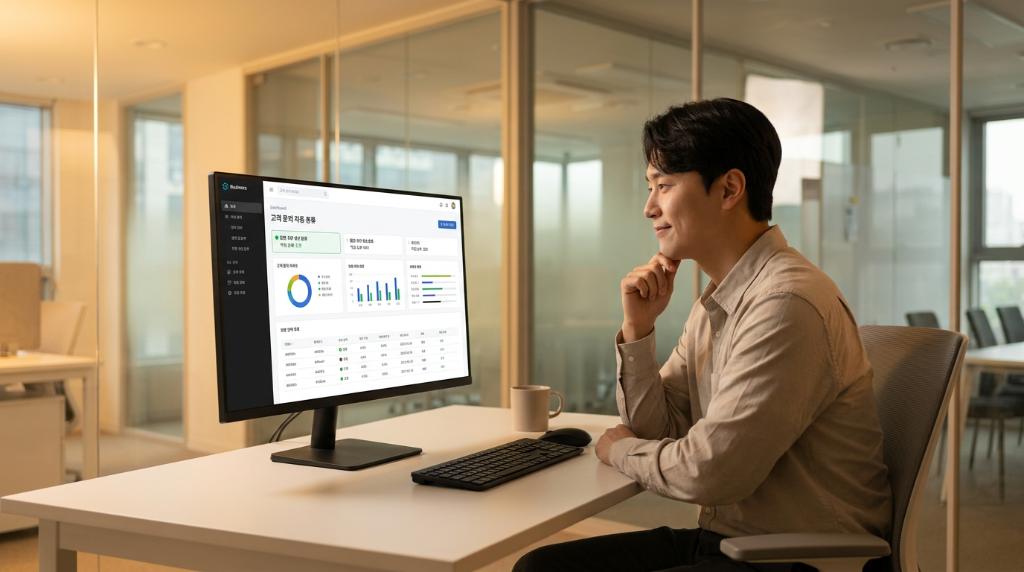 업무 대시보드를 확인하며 고개를 끄덕이는 직원