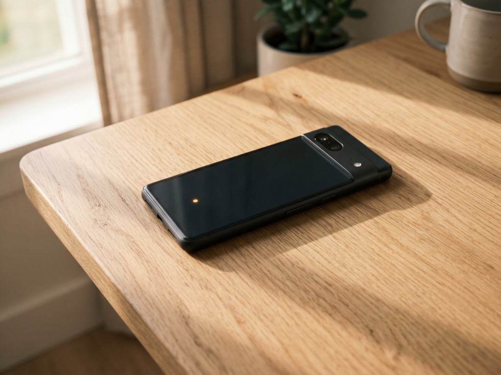 따뜻한 아침 빛이 비치는 책상 위 스마트폰