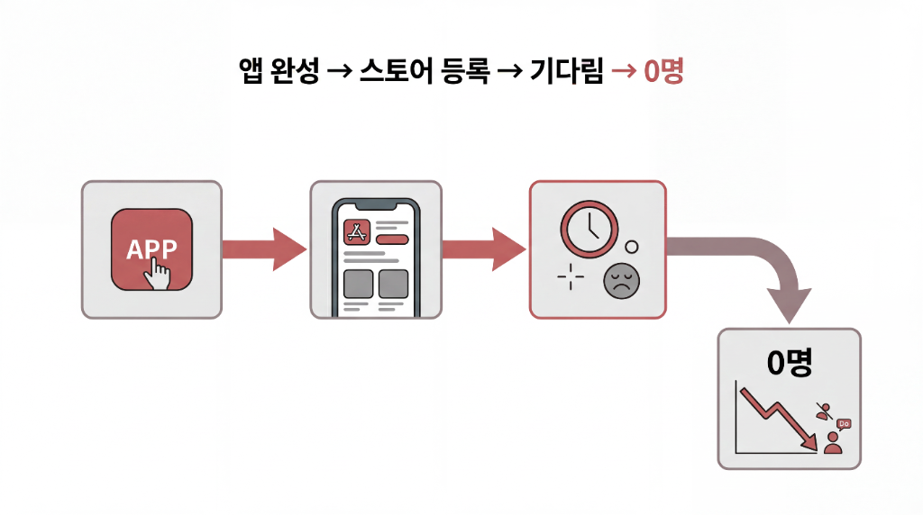 앱 완성 → 스토어 등록 → 기다림 → 0명
