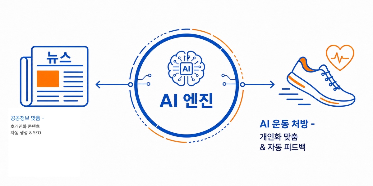 AI 엔진 중심으로 좌측 초개인화된 공공정보 맞춤 서비스(콘텐츠 자동화와 SEO), 우측 AI 운동 처방 솔루션(개인 맞춤과 자동 피드백)