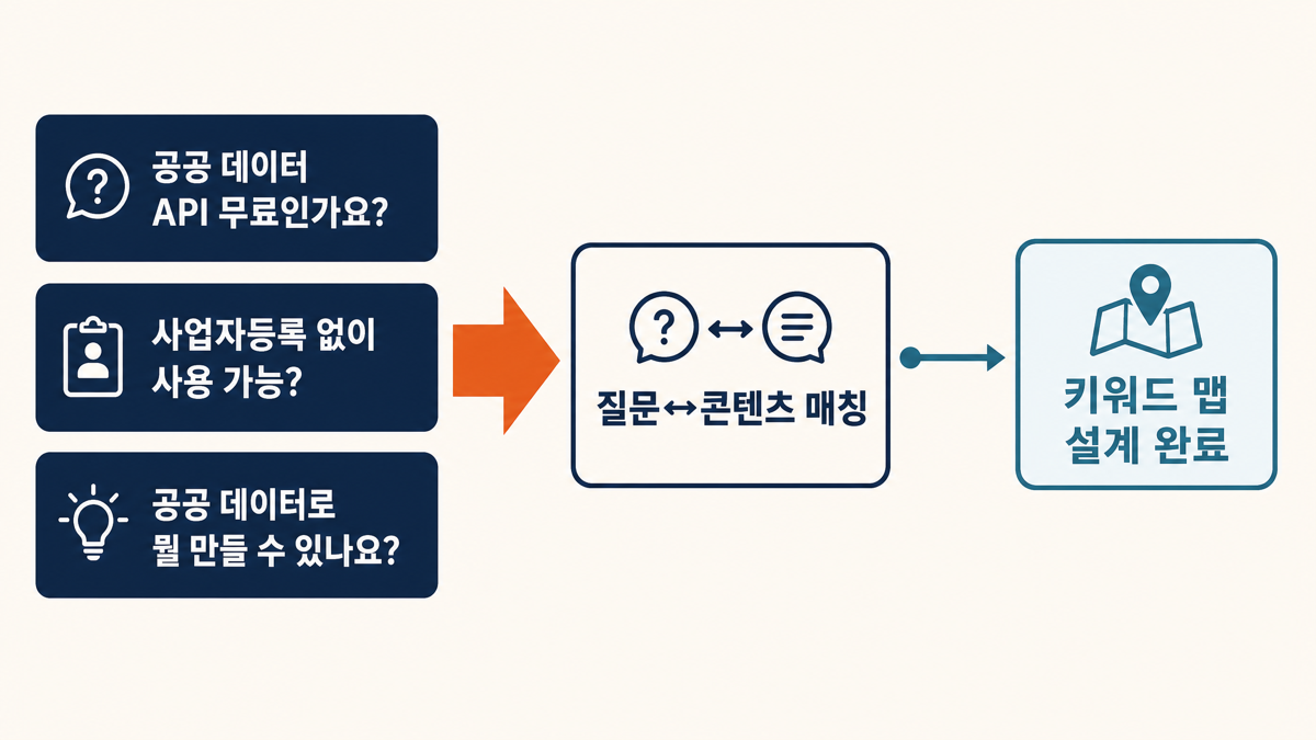 실제 검색 질문 수집 — 공공 데이터 API 무료인가요, 사업자등록 없이 사용 가능, 공공 데이터로 뭘 만들 수 있나요 — 키워드 맵 설계