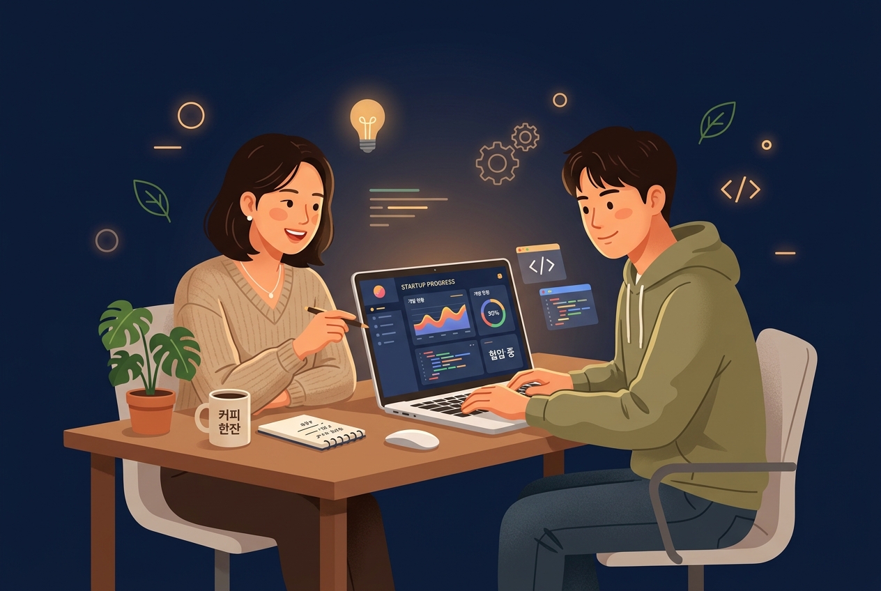 창업팀과 기술 파트너가 나란히 작업하는 장면