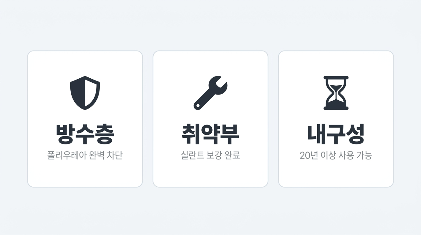 시공 결과 인포그래픽 — 방수층 완벽 차단 / 취약부 실란트 보강 / 20년 이상 내구성